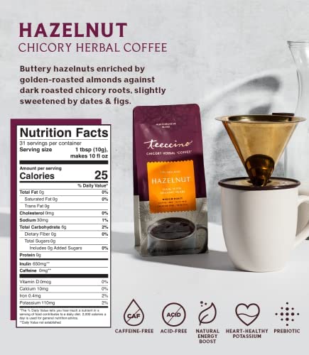 Teeccino Hazelnut Herbal Coffee Alternative,75% Organic Caffeine Free, Non Acidic,11 Oz