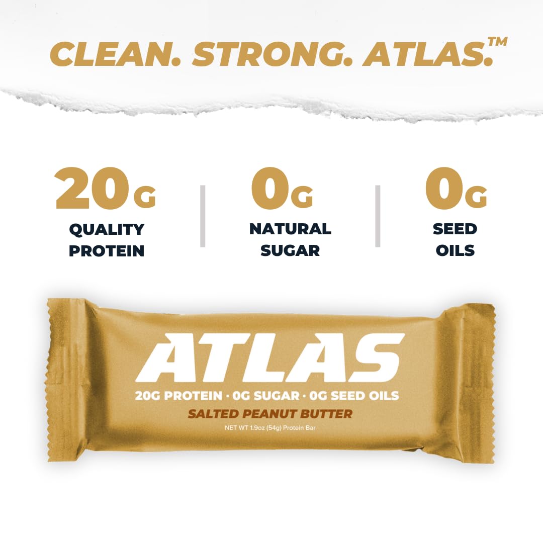 Atlas Bar - 20g Protein  1g Sugar  0g Seed Oils  0g Artificial Sweeteners (12 Count  Salted Peanut Butter)
