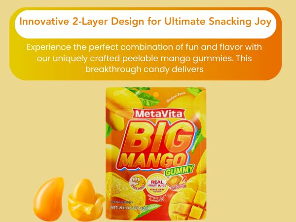 (24 Packs, 9.5LB) MetaVita Peelable Big Mango Gummy Candy - Individually Wrapped Fun Size Gummies for Halloween Candy, Trick-or-