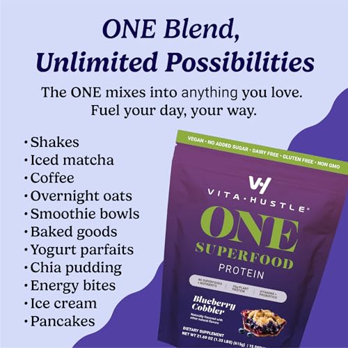 VitaHustle All-in-One Nutrition Shake  Blueberry Cobbler - Plant Based Protein Powder by Kevin Hart - Vegan Meal Replacement Shake with KSM66 Ashwagandha & 86+ Superfoods - Organic Meal Replacement Powder