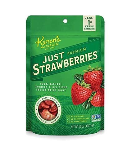 Karen's Naturals Just Strawberries, 1.5 Ounce Pouch, All Natural Freeze Dried Strawberries, Vegan, Gluten Free, Healthy Fruit Sn
