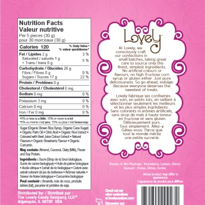 Lovely Candy Co. Organic Chewy Candies 5oz Bag (6-pack) | Natural Strawberry, Lemon & Cherry Flavors | Vegan, Gluten Free, Non-G