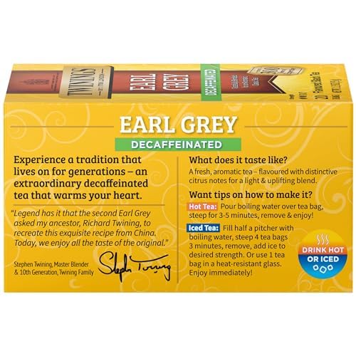 Twinings Decaffeinated Earl Grey Black Tea Individually Wrapped Bags, 20 Count (Pack of 6), Flavoured with Citrus and Bergamot,