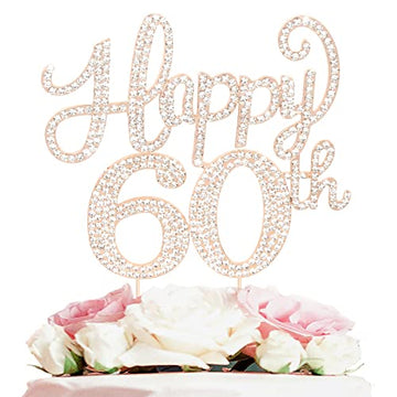 Happy 60Th Birthday Decorations,60Th Birthday Gold Rhinestone Cake Topper - Cheers To Sixty Years Old Bday Party Metal Sparkly C