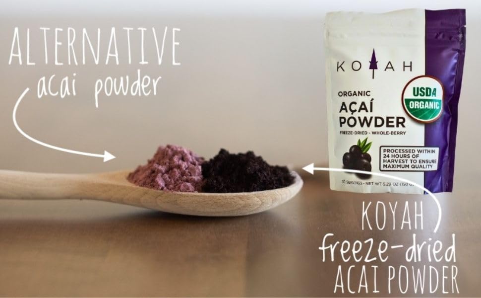 KOYAH - Organic Acai Powder (150g - 50 Servings): Brazil Grown, Freeze-Dried, 100% Pure, No Citric Acid Added, Great in Smoothie
