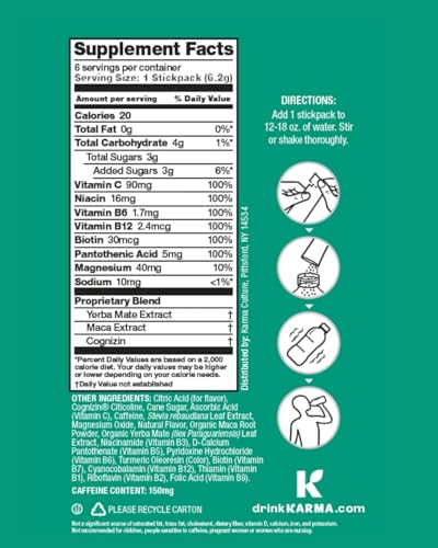 Karma Energy Hydration Packets - 6 Pack  Melon Dragonfruit Drink Mix with Cognizin Nootropics  Vitamins & Immune Support  Low Calorie