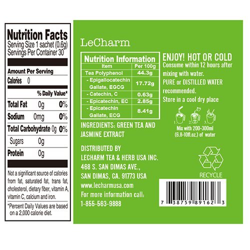 Lecharm Tea To Go Jasmine Green Tea Extract, Natural Tea Crystal Powder, Ready Brew, Iced Or Hot Tea In 3 Seconds - 20 Count (Si