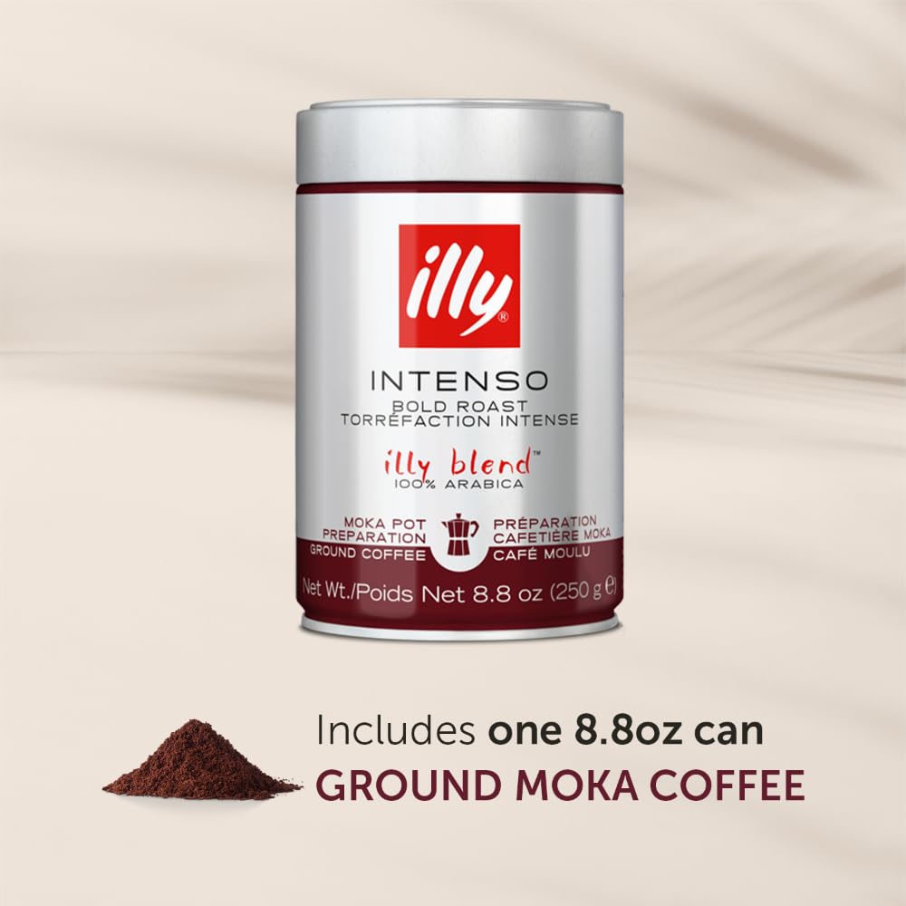 Illy Ground Coffee Moka - 100% Arabica Flavored Coffee Ground - Rich Aromatic Coffee Grounds Profile – Intenso Dark Roast – Warm Notes Of Cocoa & Dried Fruit - No Preservatives – 8.8 Ounce