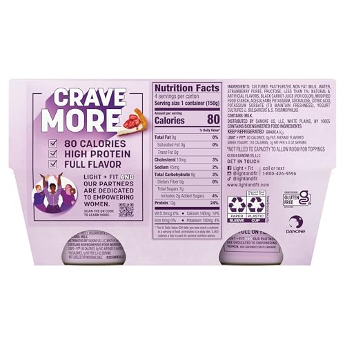 Dannon Light + Fit Greek Strawberry Cheesecake Fat Free Yogurt, Creamy and Delicious Gluten Free Yogurt, 4 Ct, 5.3 OZ Yogurt Cup