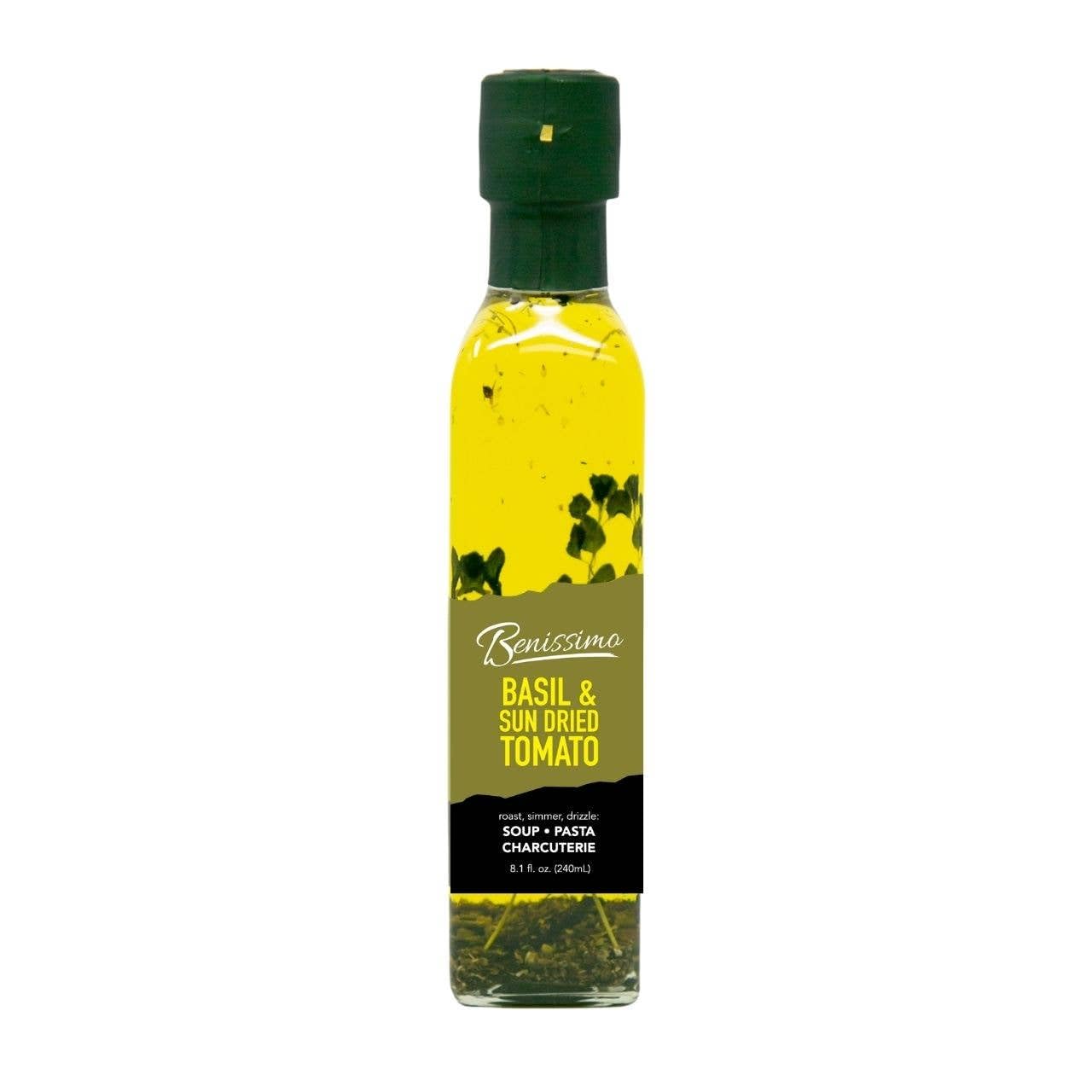Benissimo Basil and Sun Dried Tomato Herb Infused Oil, All Natural, Farm Fresh Herbs, Sizzle and Drizzle, 8.1 FL Oz