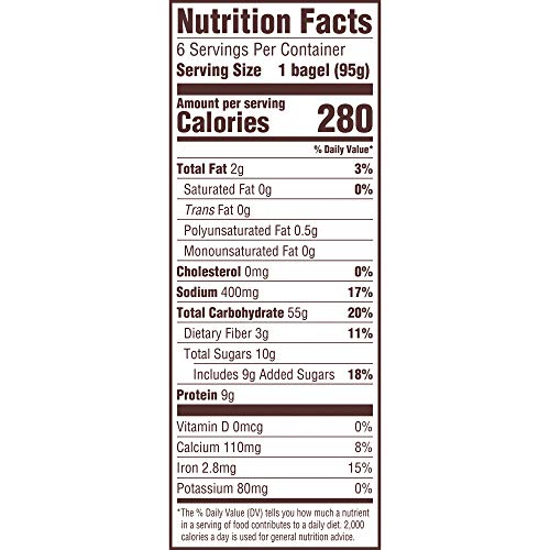 Thomas Cinnamon Swirl Bagels  6 count  (3.33 oz each)  10g Protein  Kosher Cinnamon Bagels  20 oz Bag
