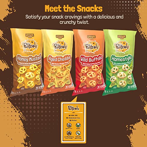 Unique Snacks Puffzels Variety Pack, Aged Cheddar And Honey Mustard, 2 Bags Of Each, Gluten-Free Snacks, 4.8 Ounce Snack Bags, Pack Of 4