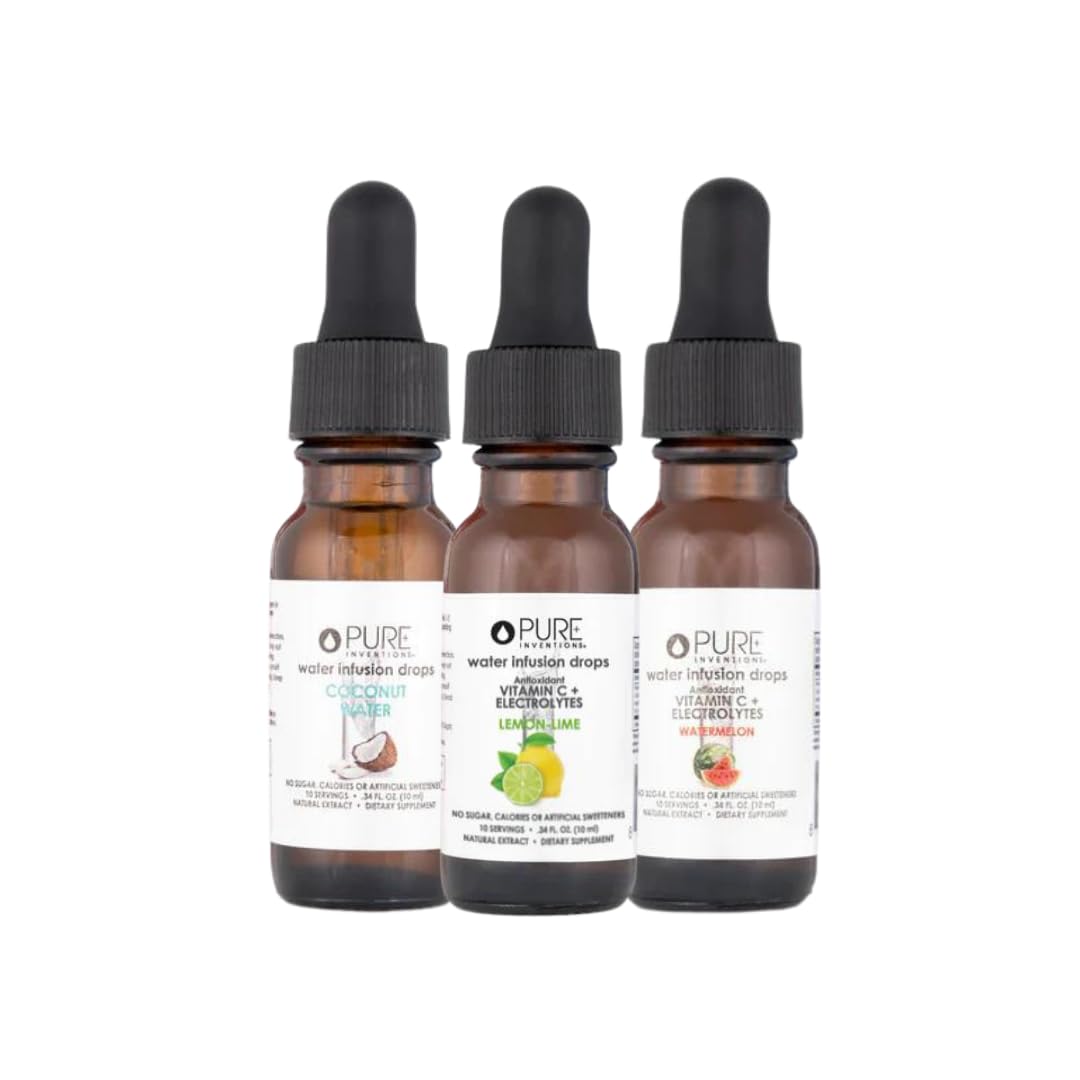 Pure Inventions - Coconut Water  Lemon Lime & Watermelon Water Infusion Drops - Antioxidants  Vitamin C & Electrolytes - Health & Wellness - Immunity Support -Sugar Free  Zero Calorie -12 Servings Ea.