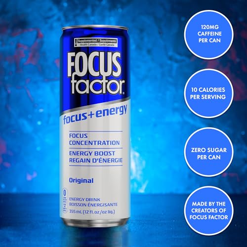 Focus Factor Energy Drink Variety Pack - 18 Cans (355ml) - Sugar Free, Low Calorie, Lightly Carbonated, Vitamin B6 & B12