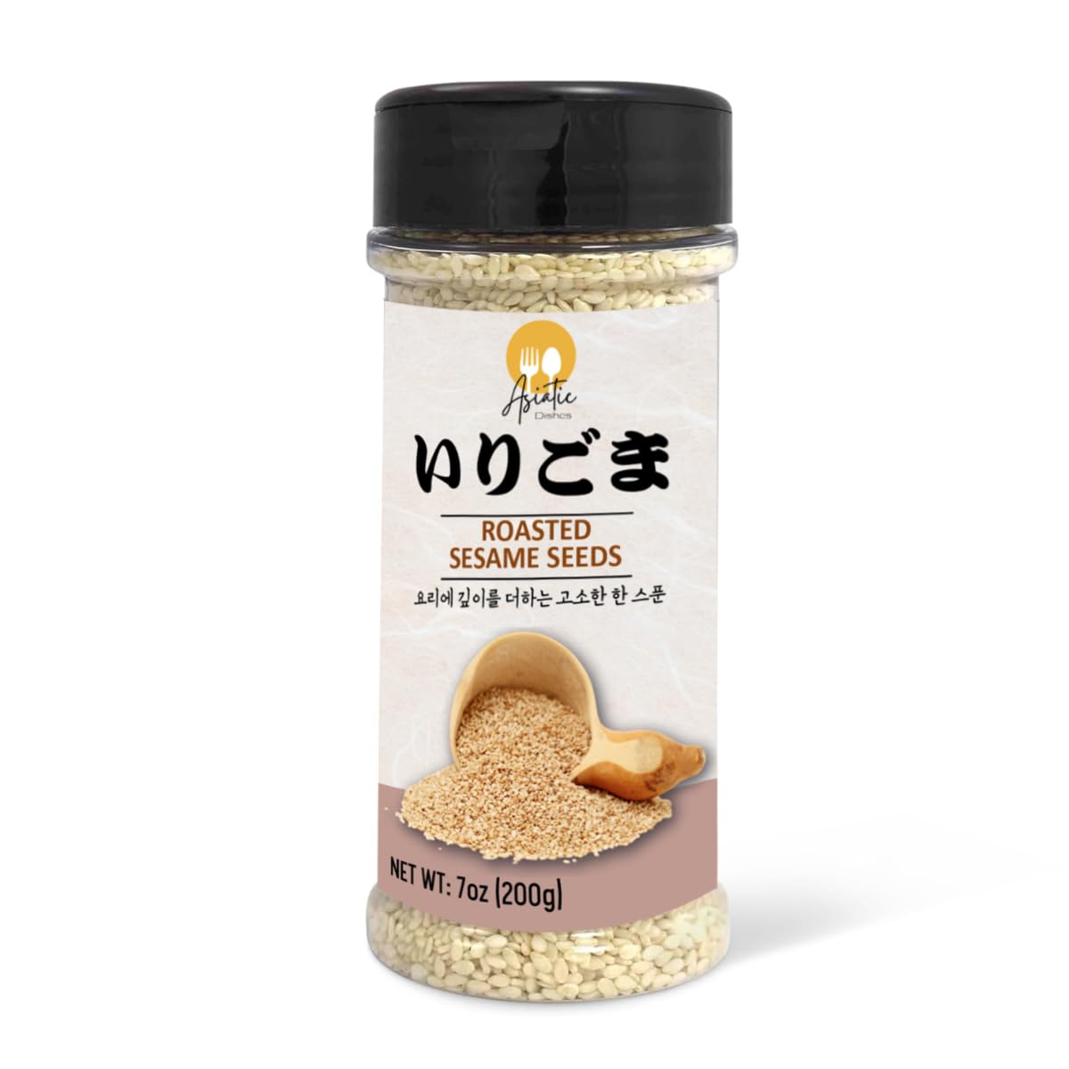 Asiatic Dishes Toasted White Sesame Seeds, Whole Roasted, Crunchy, 7oz Bottle