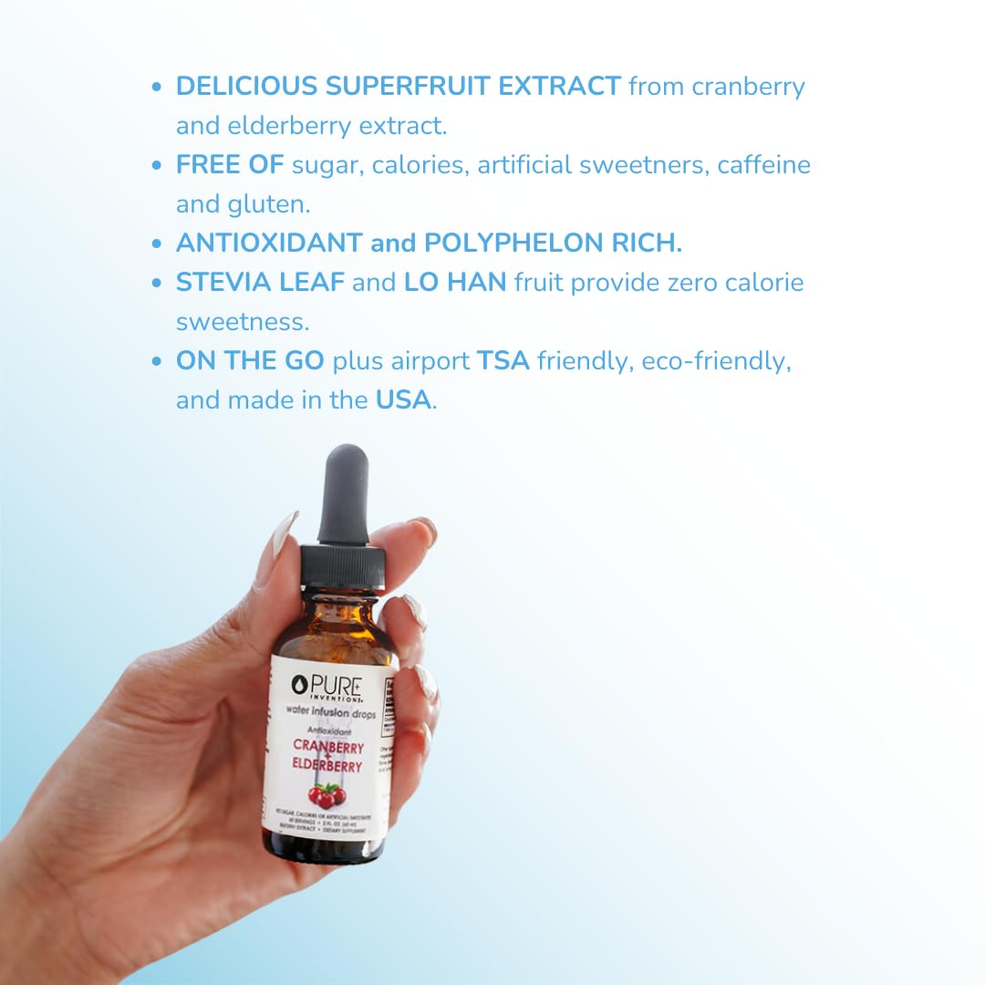 Pure Inventions Water Infusion Drops - Antioxidants, Electrolytes - No Sugar, Calories, or Artificial Sweeteners - Cranberry & E
