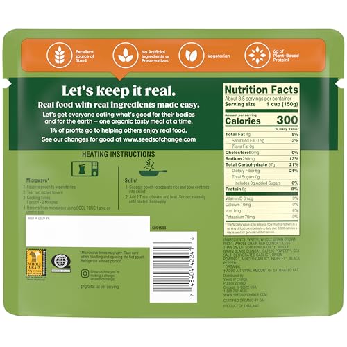 SEEDS OF CHANGE Organic Quinoa & Brown Rice with Garlic Family Size, Organic Food, 17.3 oz Pouch (Pack of 6)