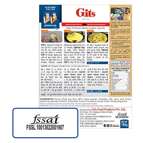 Gits Instant Khaman Dhokla Snack Mix, Makes 18 Per Pack, Pure Veg, Indian Snack Mix, 180G