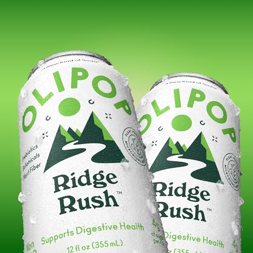 OLIPOP Prebiotic Soda Pop  Ridge Rush  Pantry Pack Packed with Prebiotics  Fiber  and Botanicals  Gluten Free  Vegan  GMO Free  12oz (12-Cans)