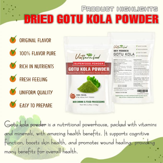 Gotu Kola Powder 5.29 Oz (150G) Vietfarmfood: Freeze-Dried Extracted From 100% Pure, Sugar-Free. Used To Mix Mixed Drinks Fresh