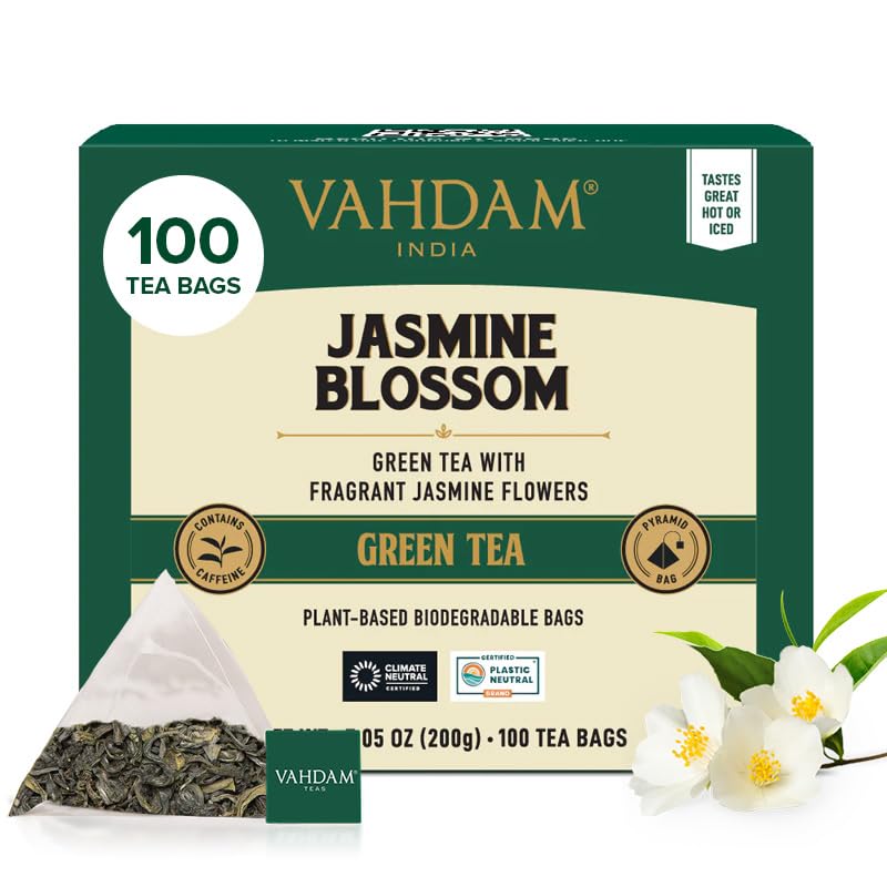 VAHDAM Jasmine Green Tea Bags, 100 Count, Non-GMO, High Grown Green Tea with Pure Jasmine Flowers, Resealable Ziplock Pouch