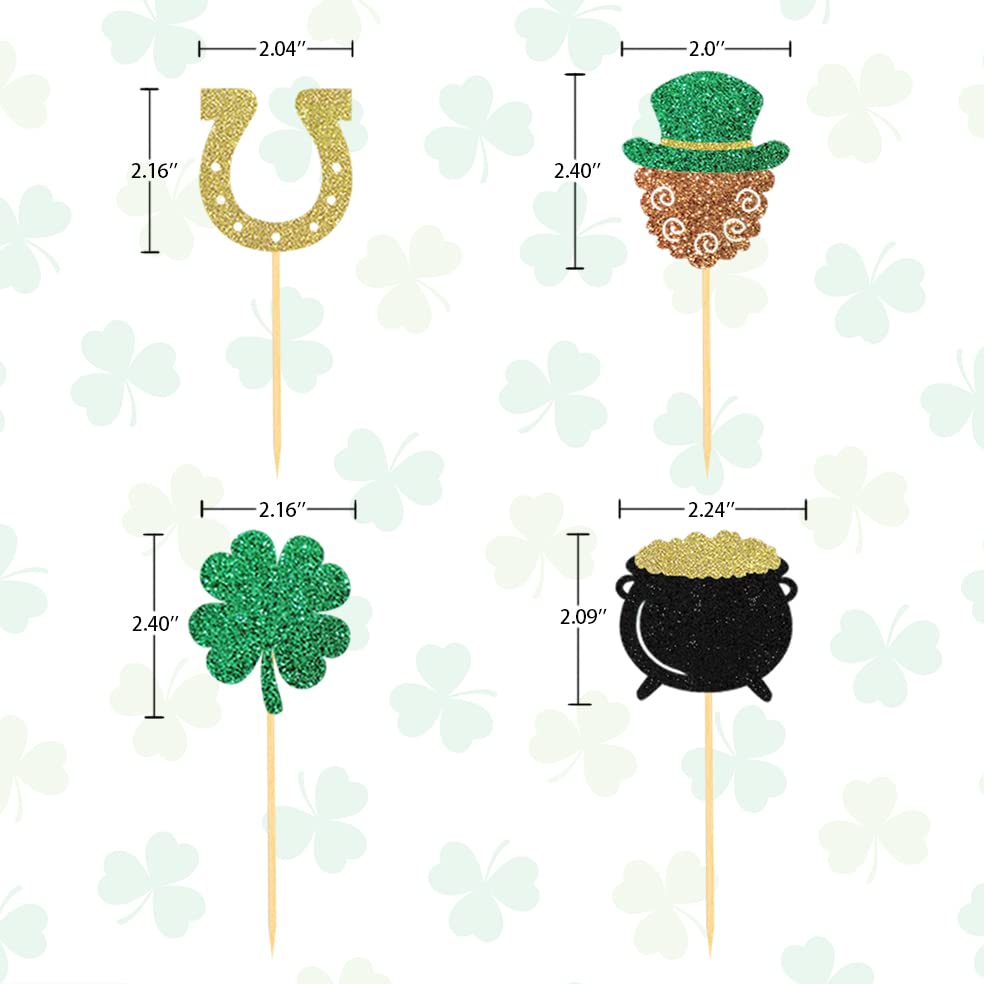Moitkptt St Patricks Day Cupcake Toppers, 24 Pcs Four Leaf Clover & Leprechaun Hat Mix A