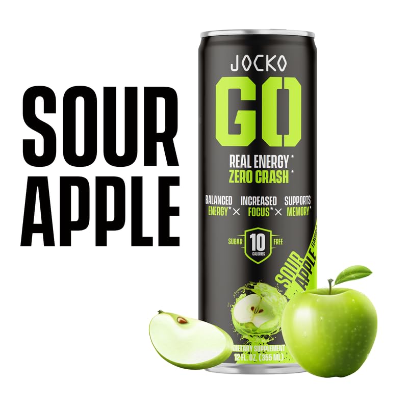 Origin Jocko GO Energy Drinks Sugar Free - KETO, Vitamin B12 & B6 - 12 Fl Oz (Pack of 12) - Sour Apple
