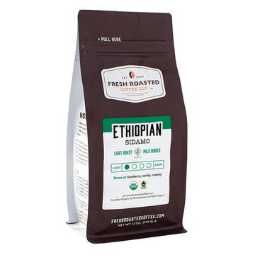Fresh Roasted Coffee, Organic Ethiopian Sidamo, 12 Oz, Light Roast, Fair Trade Kosher, Ground