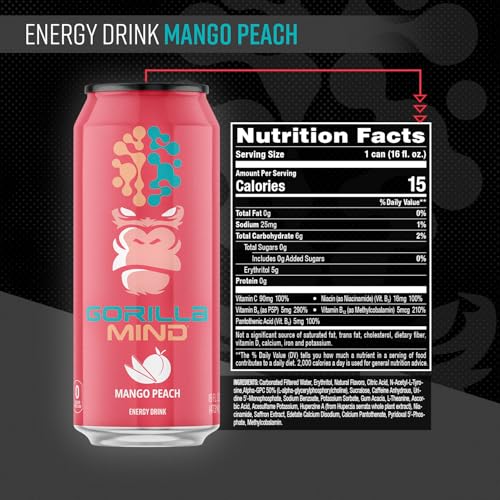 Gorilla Mind Energy Drink | Unmatched Energy  Amplified Focus | N-Acetyl-L-Tyrosine  Alpha-GPC  200mg Caffeine  Uridine  Saffron | 0 Sugar Or Artificial Colors | 16oz  12-Pack (Mango Peach)