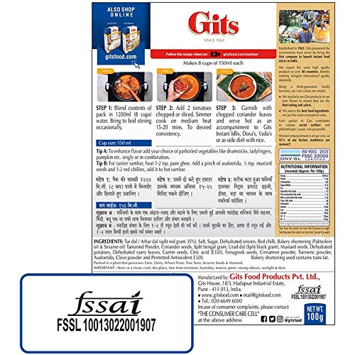 Gits Instant Sambhar Breakfast Mix, Makes 1200Ml Per Pack, Pure Veg, South Indian Recipe 400G (Pack Of 4, 100G Each)