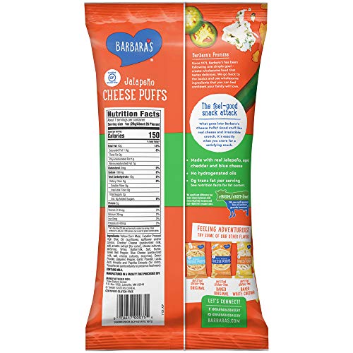 Barbara S Bakery Jalapeno Cheese Puffs, Cheese Puffed Kids Snack Made With Real Aged Cheddar And Blue Cheese, Gluten Free Snack