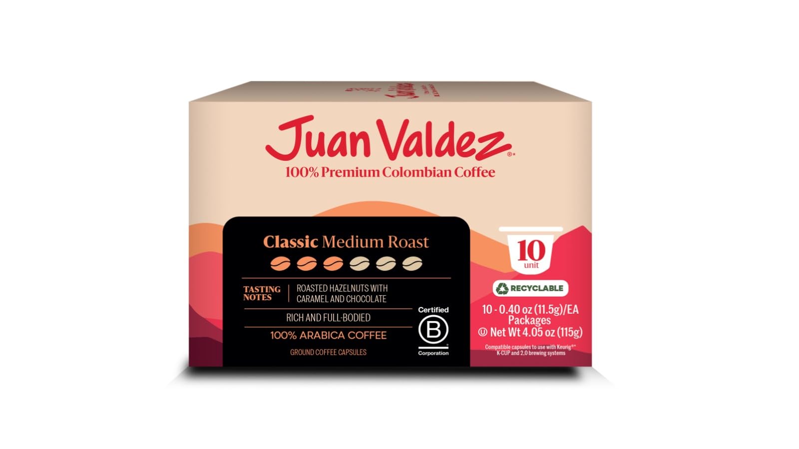 Juan Valdez Classic Medium Roast Coffee, Single Serve K-Cup Pods 4.05 oz - Premium Colombian Coffee 10 Count