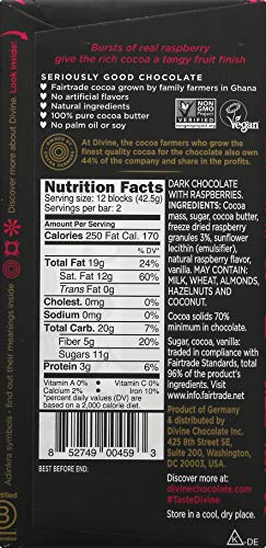 Divine Chocolate Chocolate, 70% Dark Chocolate With Raspberries, 3 Oz