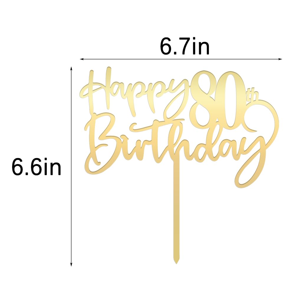 Happy 80Th Birthday Cake Topper, Mirrored Gold Acrylic, Party Decorations
