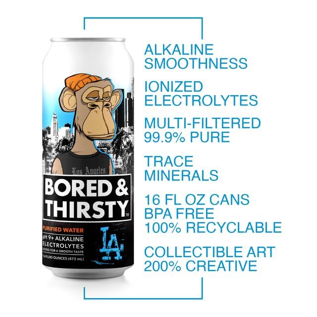 Bored & Thirsty Supreme Water with Electrolytes, 16 Fl Oz, 12 Pack, 100% Recyclable Aluminum Cans, Limited Edition Can Art