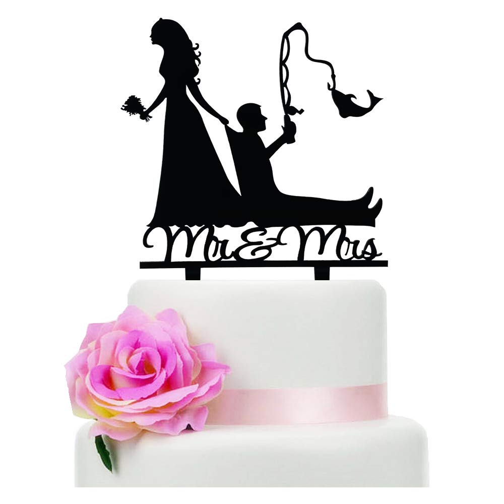 Tztwodcaz Fishing Wedding Cake Topper, Funny Mr&Mrs Cake Topper, Gift For A Wedding/Bridal Shower/Anniversary Party (Fishing)
