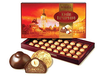 Roshen Kyiv Vecherniy Chocolate Candy With Chopped And Hazelnuts Coating, Premium Gift Box 12.42Oz/352 Grams