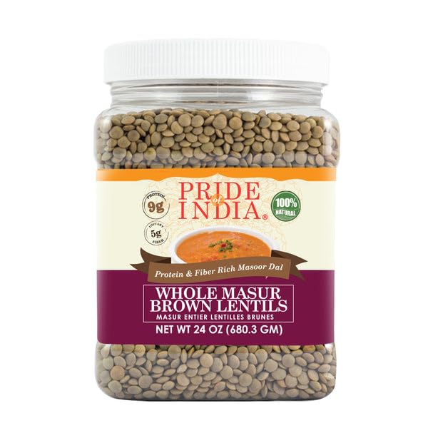 Pride Of India - Pack Of 6 - Indian Whole Brown Crimson Masur Lentils - Protein & Fiber Rich Masoor Whole, 1.5 Pound Jar