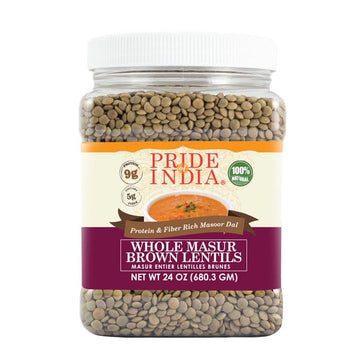Pride Of India - Pack Of 6 - Indian Whole Brown Crimson Masur Lentils - Protein & Fiber Rich Masoor Whole, 1.5 Pound Jar
