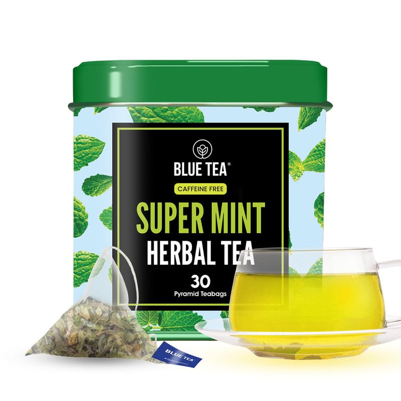 Blue Tea - Super Mint Tea - 30 Count - Pyramid Plant Based Tea Bag | Super Antioxidant | Herbal Tea - Caffeine Free - Non-Bitter - Calming Tea - Vegan - Non-Gmo - 100% Natural | Tin Pack