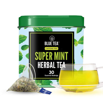 Blue Tea - Super Mint Tea - 30 Count - Pyramid Plant Based Tea Bag | Super Antioxidant | Herbal Tea - Caffeine Free - Non-Bitter - Calming Tea - Vegan - Non-Gmo - 100% Natural | Tin Pack