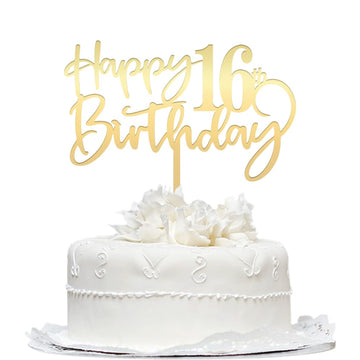 Mirrored Gold Acrylic 16Th Birthday Cake Topper - Durable Party Decorations, 'Hello 16' & 'Happy 16' Designs
