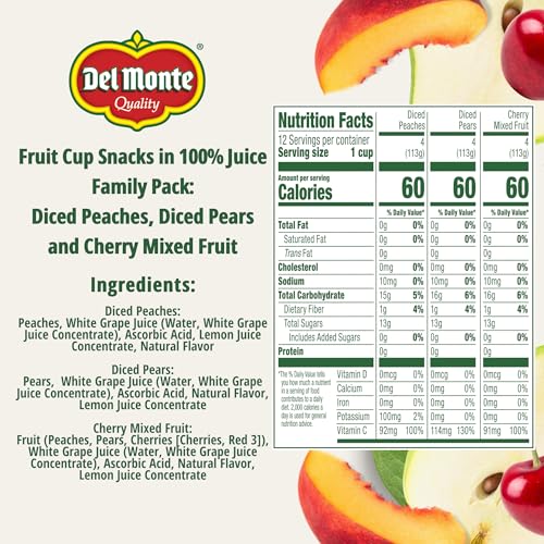 Del Monte Fruit Cup Snacks Variety Pack, 100% Juice, 4 oz Cups, 12 Pack, Diced Peaches, Diced Pears, Cherry Mixed Fruit