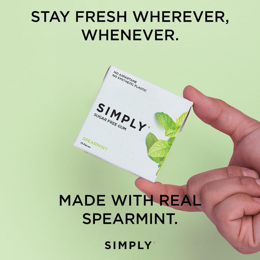SIMPLY Gum | Dental Gum | Xylitol Chewing Gum - Sugar Free | Spearmint | Pack of Six (90 Pieces Total) | Synthetic Plastic Free
