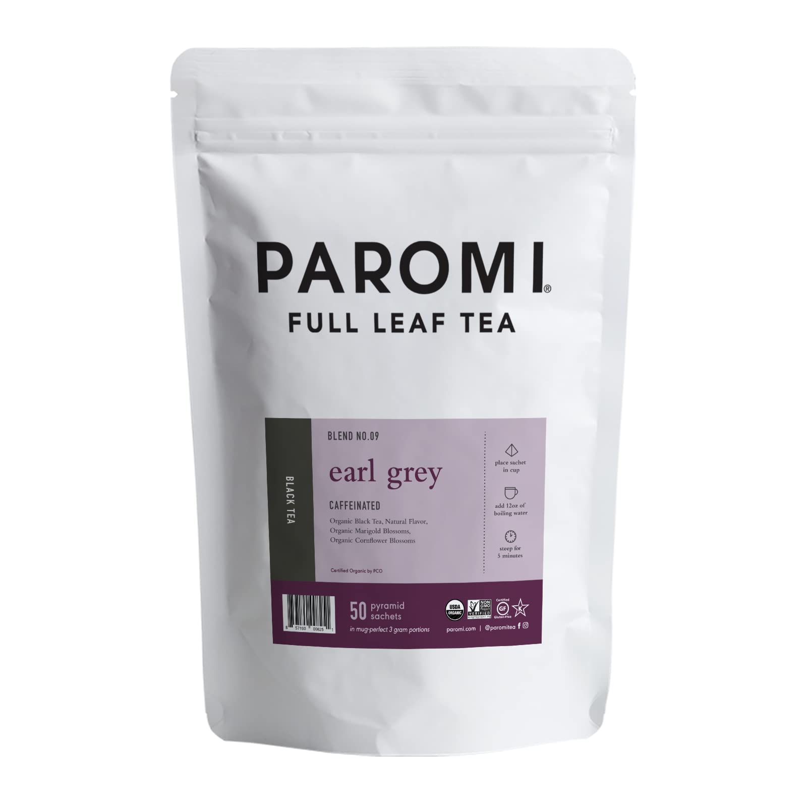 Paromi Earl Grey Organic Black Tea, Resealable Pouch, 50 Count