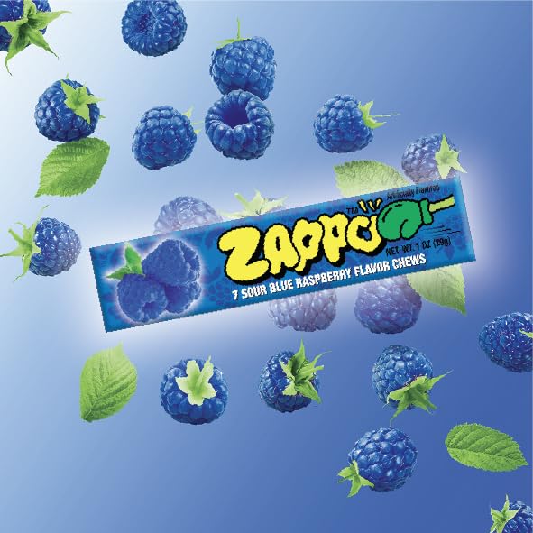 ZAPPO Sour Chews Mixed Pack, Gluten Free Candy, Individually Wrapped Taffy Sticks, 1 oz x 8 Sticks Total (2 Each: Watermelon, Bl