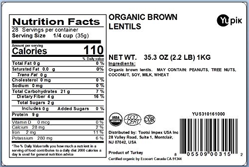 Yupik Organic Brown Lentils, 2.2 Lb (35.2 Oz), Pack Of 6, Non-Gmo, Vegan, Gluten-Free, Kosher, Raw, Salt-Free, High In Fiber & P