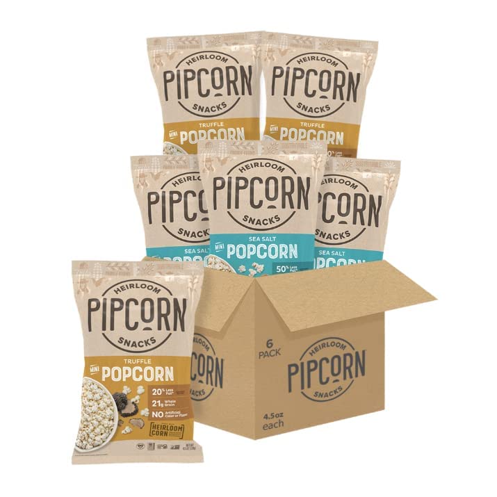 Pipcorn Heirloom Mini Popcorn Variety Pack - Sea Salt & Truffle - 4oz, 6 Pack - Gluten Free Healthy Snacks