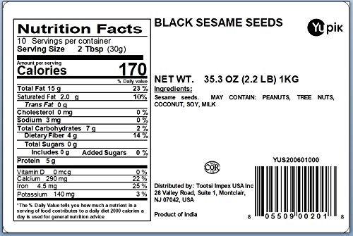 Yupik Raw Black Sesame Seeds, 2.2 Lb (35.2 Oz), Pack Of 6, Gluten-Free, Kosher, Vegan, Natural, Unroasted, Unsalted, Plant-Based