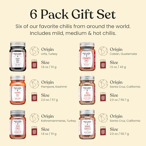 Burlap & Barrel Chili 6-Pack Gift Set - As Seen On Shark Tank - 6 Of Our Favorite Chilis From Around The World- Includes Mild, Medium & Hot Chilis - Kitchen Gift For Cooks - 6 Full Size Jars